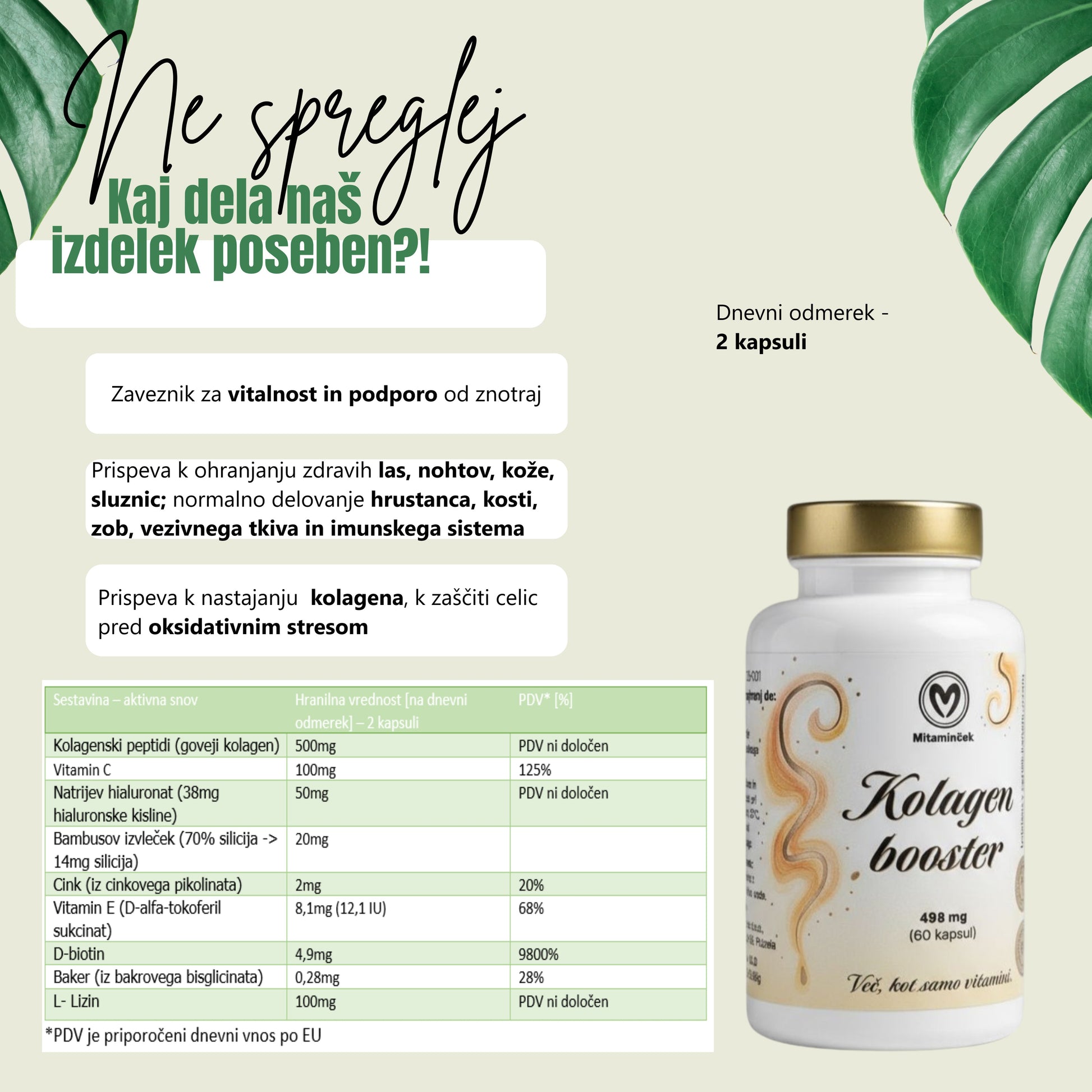 Kolagen booster razpredelnica - sestavine in hranilne vrednosti
