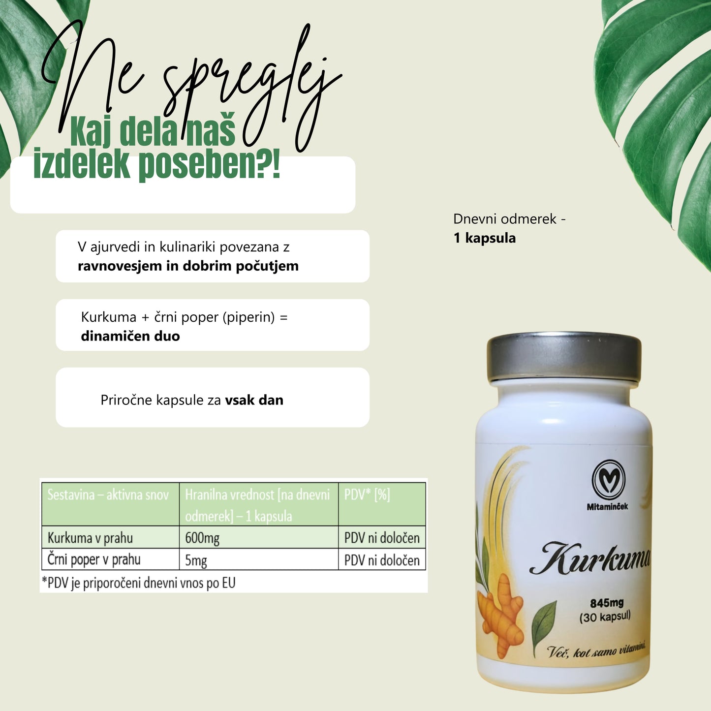 Kurkuma kapsule razpredelnica - hranilne vrednosti in sestavine
