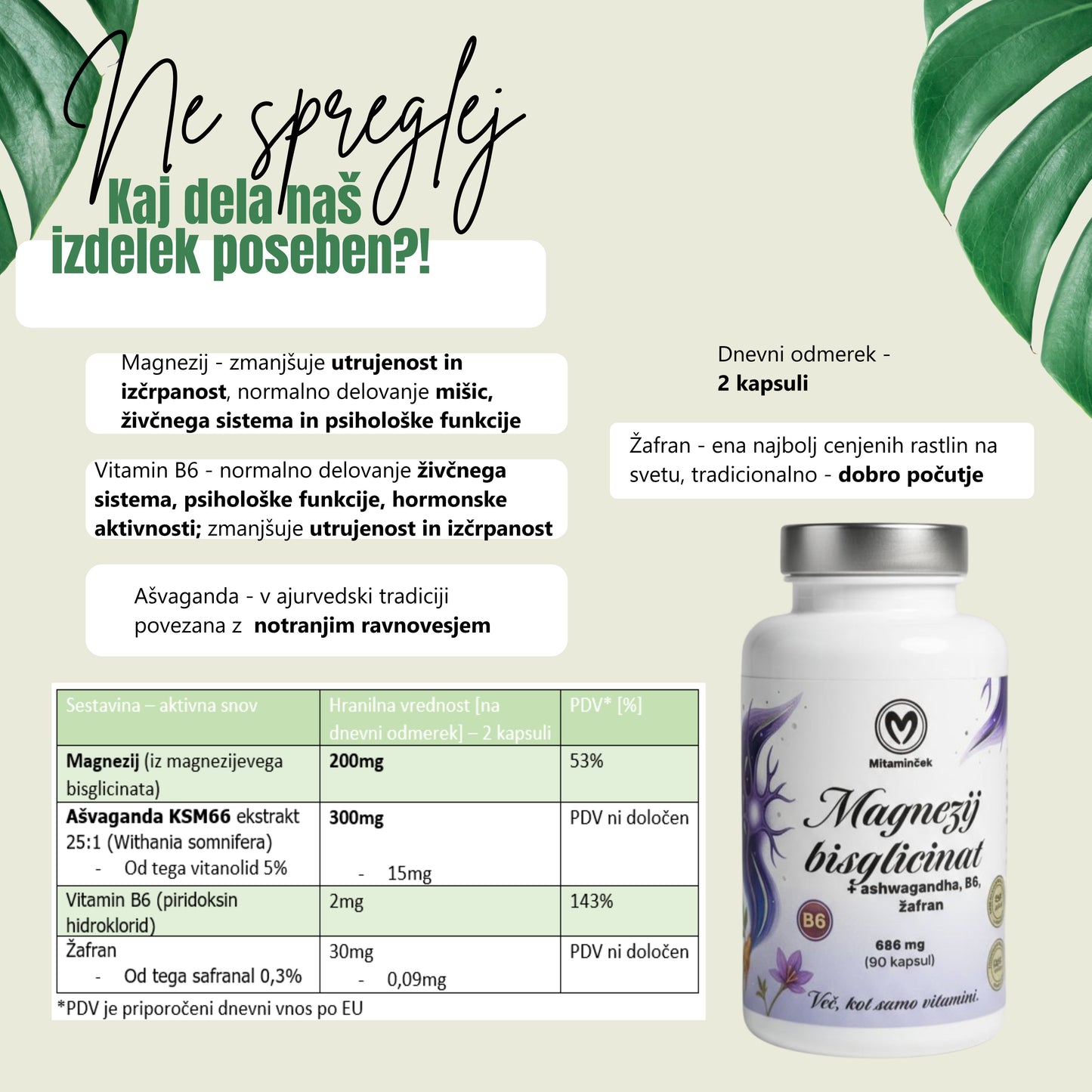 Magnezij bisglicinat + ashwagandha razpredelnica - sestavine in hranilne vrednosti
