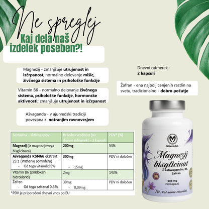 Magnezij bisglicinat + ashwagandha razpredelnica - sestavine in hranilne vrednosti
