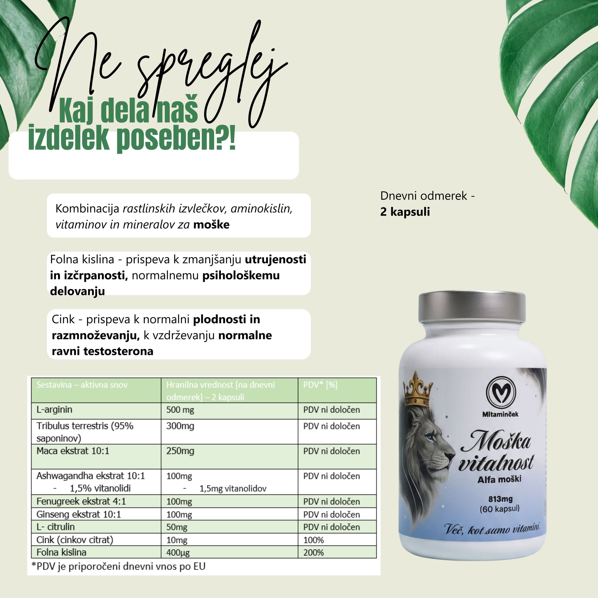 Moška vitalnost prehransko dopolnilo - cink za testosteron 60 kapsul
