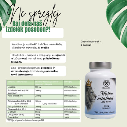 Moška vitalnost prehransko dopolnilo - cink za testosteron 60 kapsul
