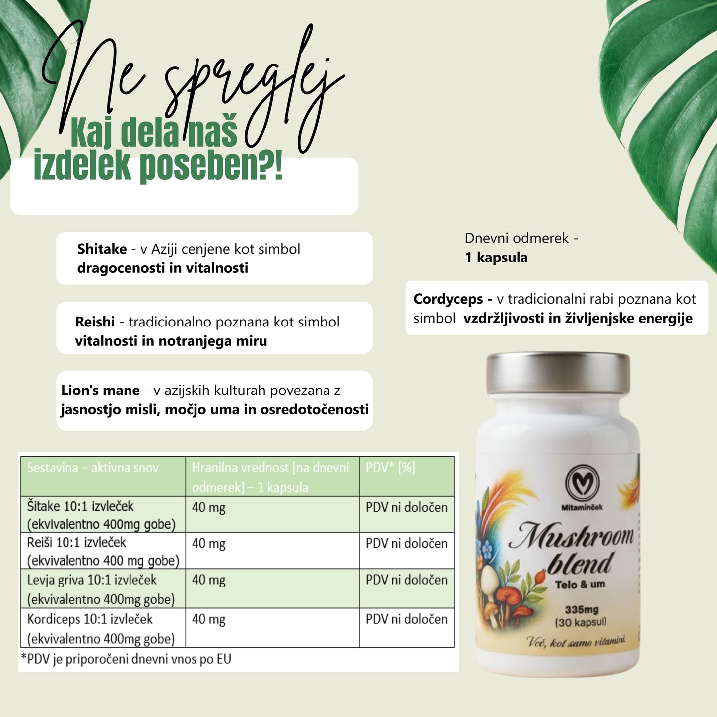 Mushroom blend razpredelnica - sestavine in hranilne vrednosti
