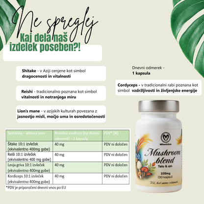 Mushroom blend razpredelnica - sestavine in hranilne vrednosti
