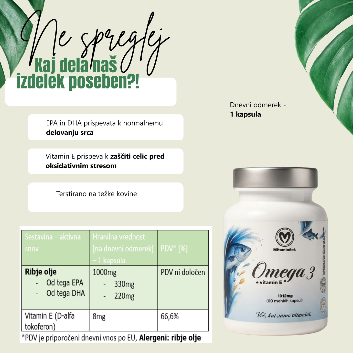 Omega 3 razpredelnica - sestavine EPA DHA in hranilne vrednosti
