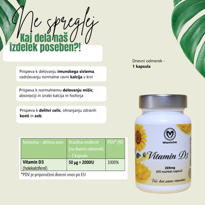 Vitamin D3 kapsule - prehransko dopolnilo za zdravje kosti in zob